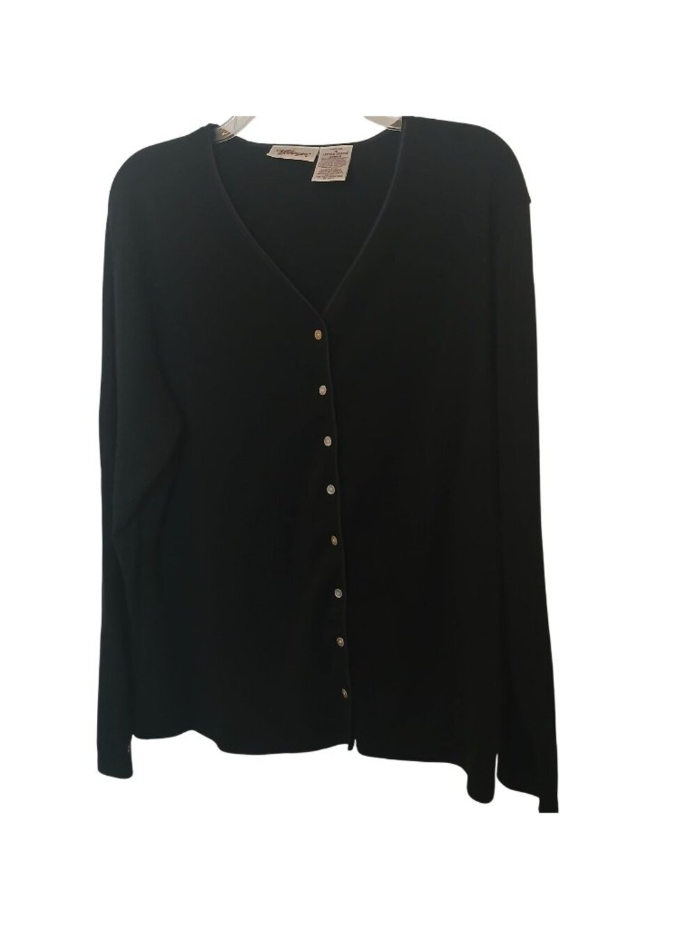 Worthington Size 1X Black Cardigan Cotton Blend Satin Trim V-Neck Button #D49